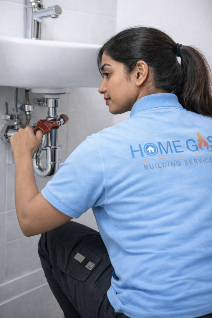 Home Gas our services, one of our female plumbers in Leeds fixing a sink